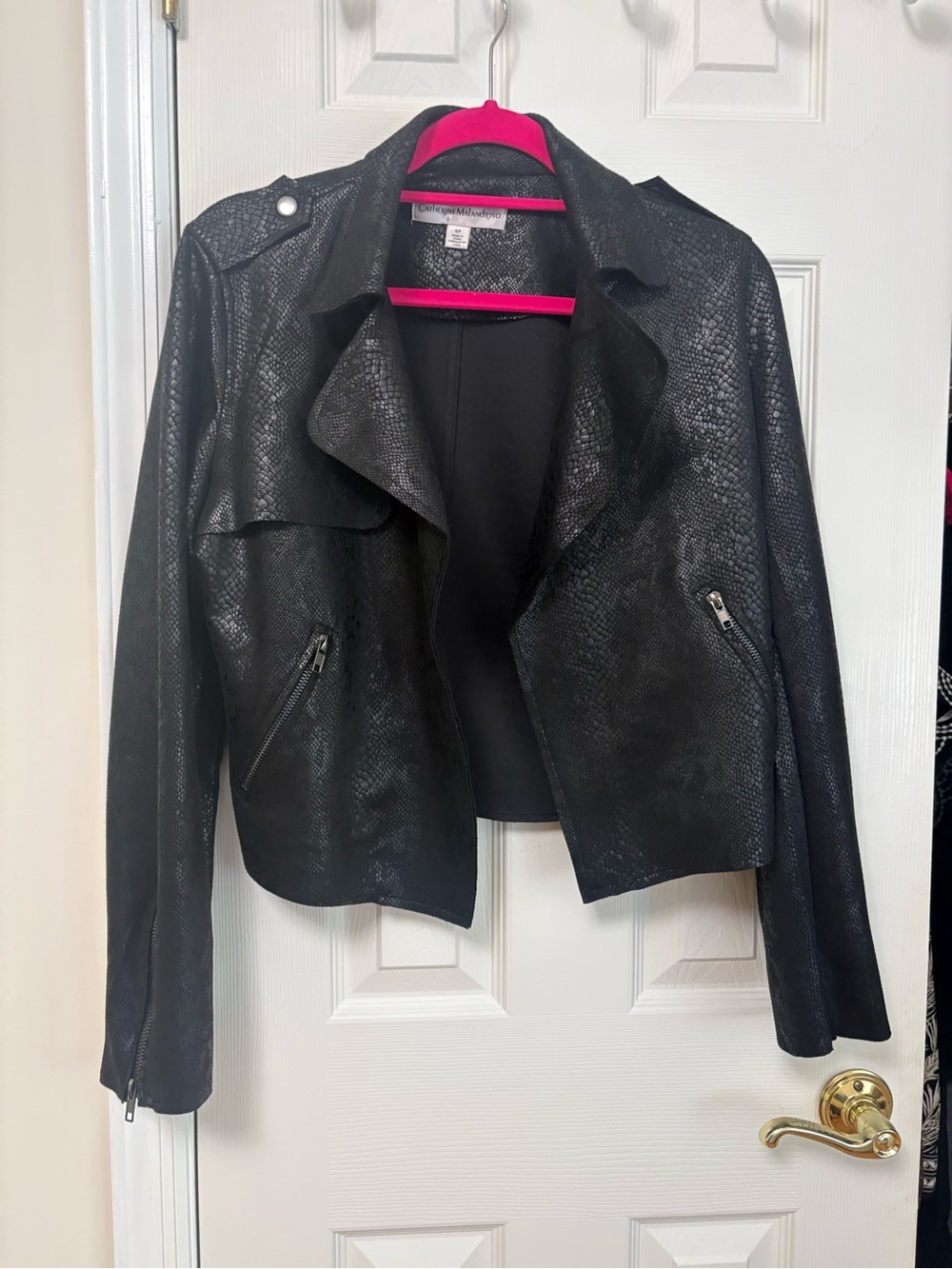Catherine Malandrino Black Textured Faux Leather Moto Jacket